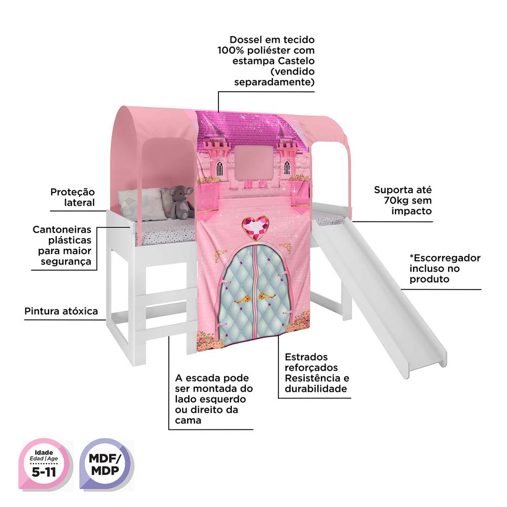 Cama Barbie Play com Escorregador e Barraca Pura Magia Branco com